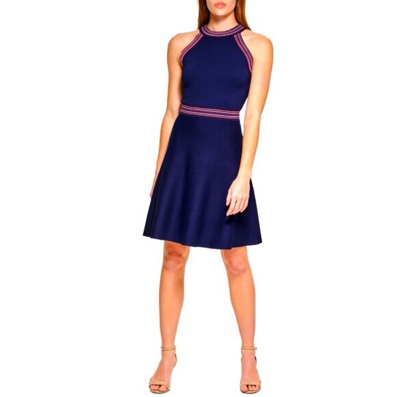 Vince Camuto Navy Blue Contrast-Trim Fit & Flare Halter Dress Size L - Picture 1 of 10